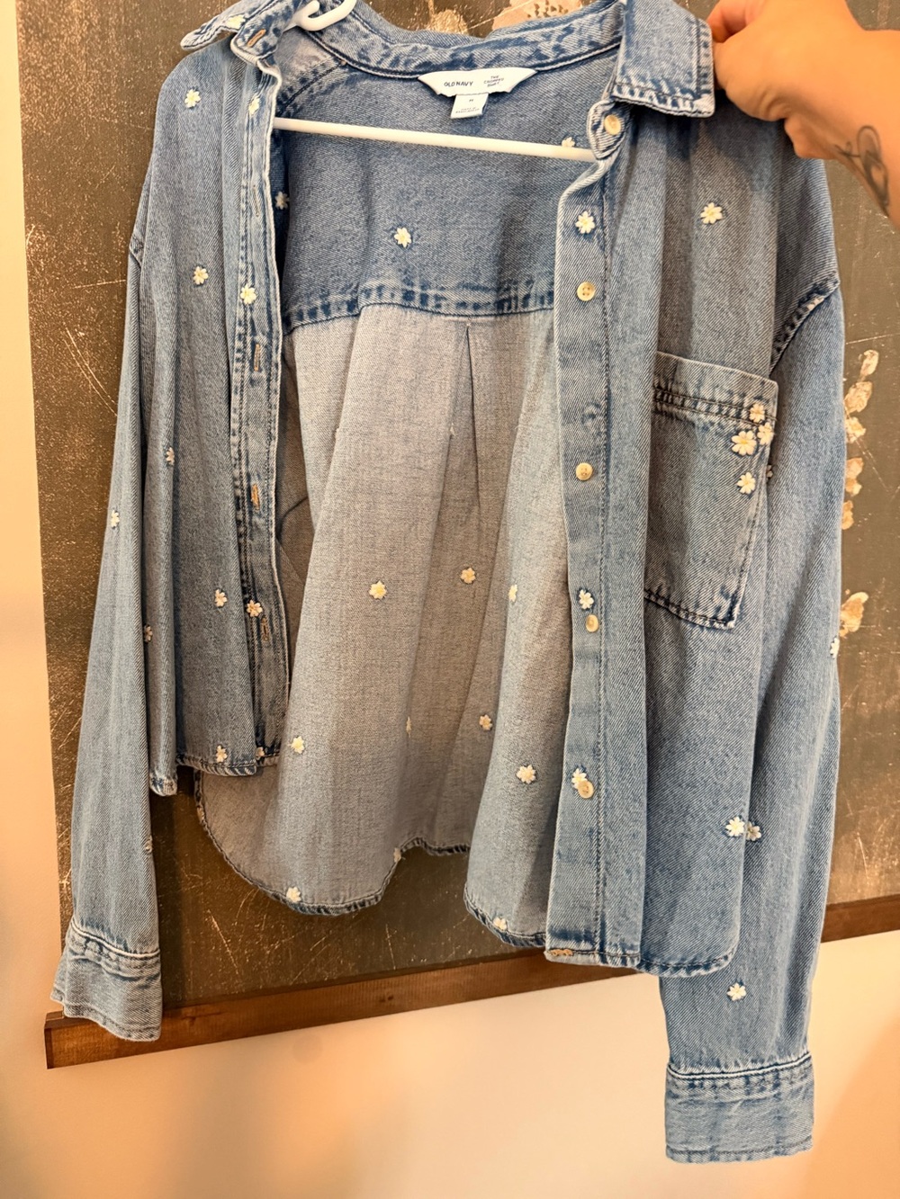 Old Navy Light Blue Denim Shacket with White Daisy Embroidery